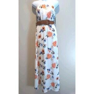 riley and james Women Ivory Multicolor Floral Belted Strapless Maxi Dress Size S